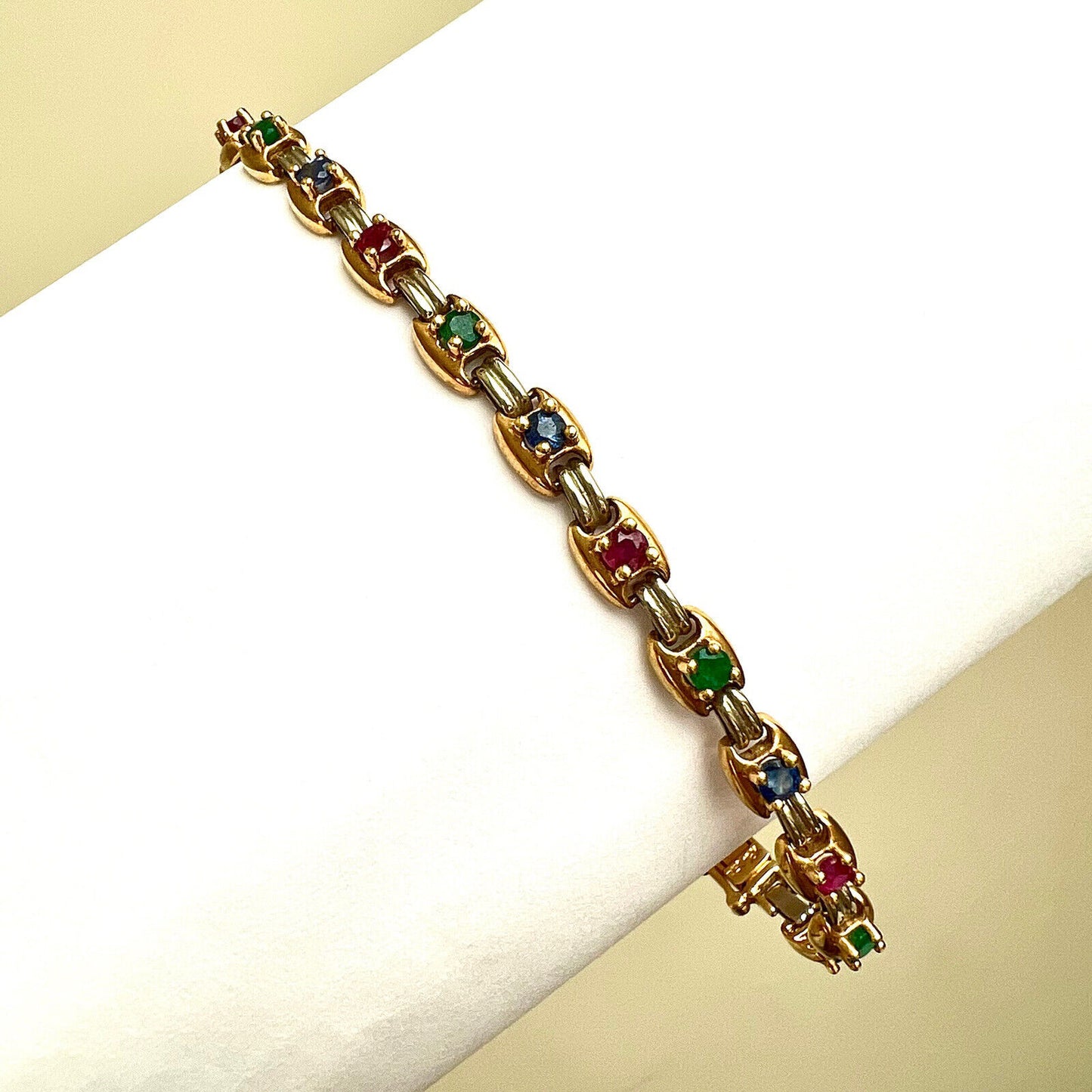 New 18k 750 Marked Yellow White Gold Genuine Ruby Sapphire Emerald Bracelet