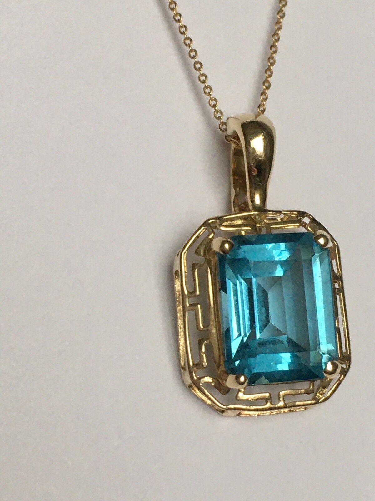 New 14k Solid yellow Gold Y/G Blue Topaz Pendant, 12*14mm, Emerald, P-067012.