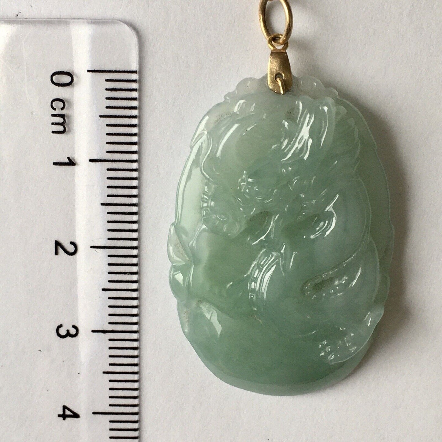 New 14k Solid Yellow Gold Natural Green Jade Pendant Long Life Dragon Good Luck