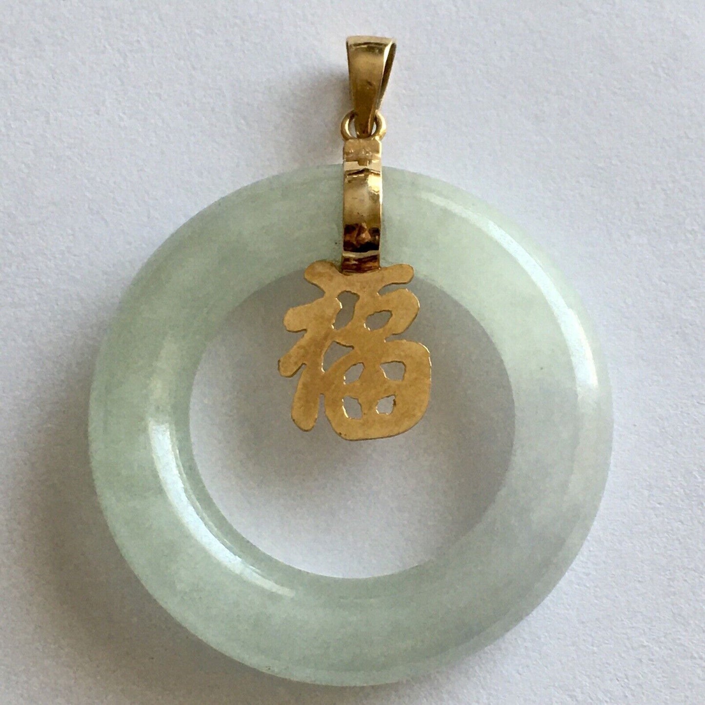 14k Real Yellow Gold Big Circle Natural Green Jade Pendant Lucky Happiness 10.8g