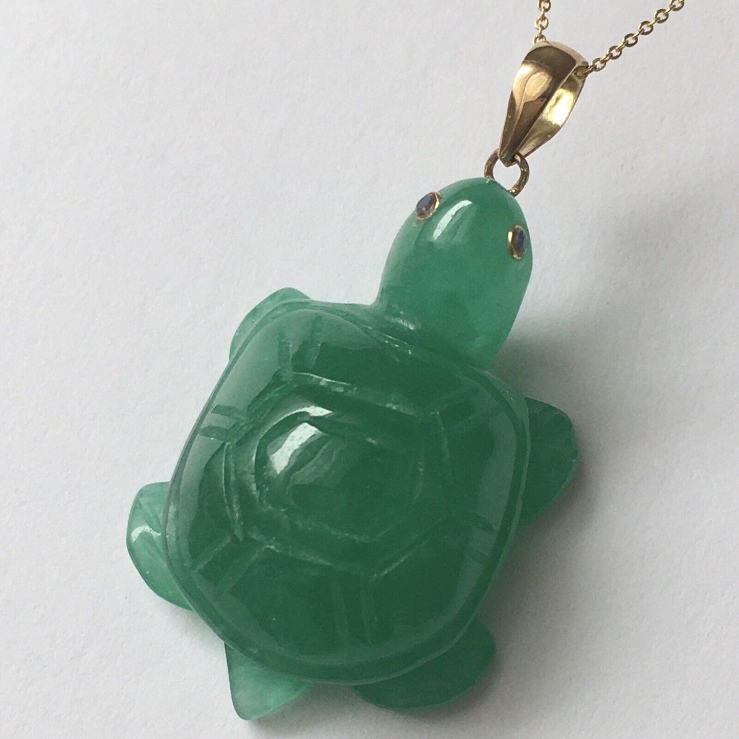 14k Solid Yellow Gold Natural Green Jade Turtle Pendant Ruby Eyes Hand Carved