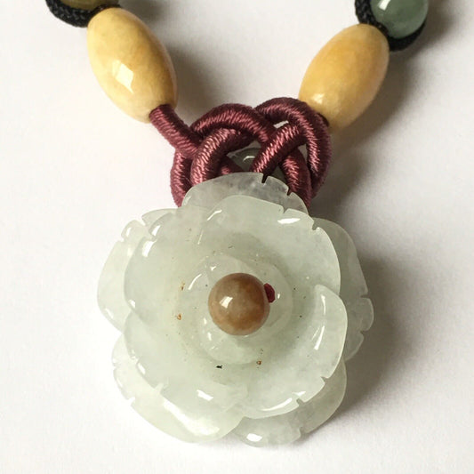 N-103 Macrame Handmade Genuine Carved Flower Jade Necklace adjustable 16~22”