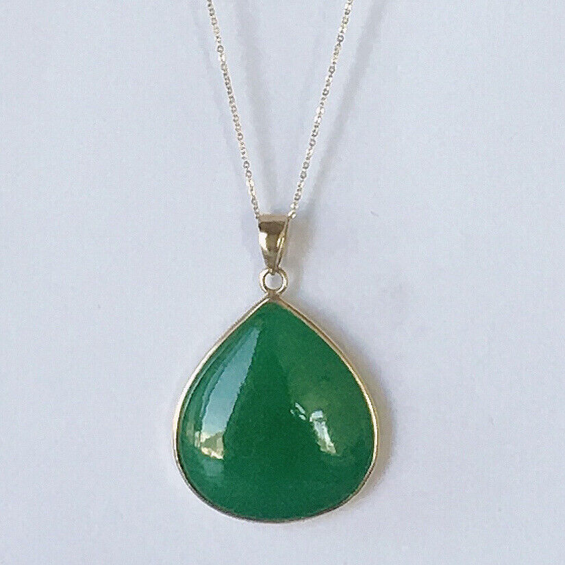 P-2380 New 14k Solid Yellow Gold Natural Quality Green Jade Pendant HandCut Pear