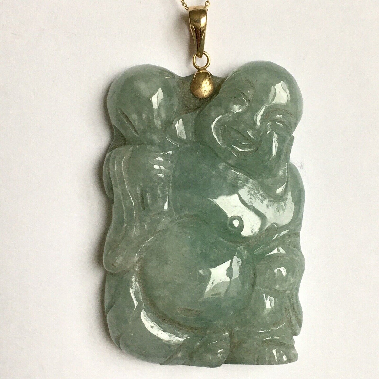 New 14k Solid Yellow Gold Big Natural Green Jade Pendant Lucky Buddha 18.8g