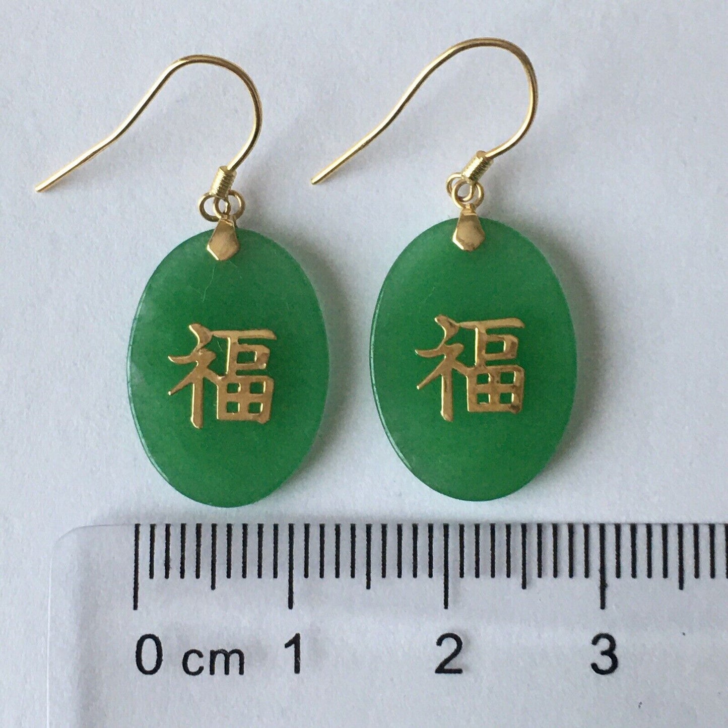 New 14k Solid Yellow Gold Natural Green Jade Earrings “Happiness” Good Luck 3.2g