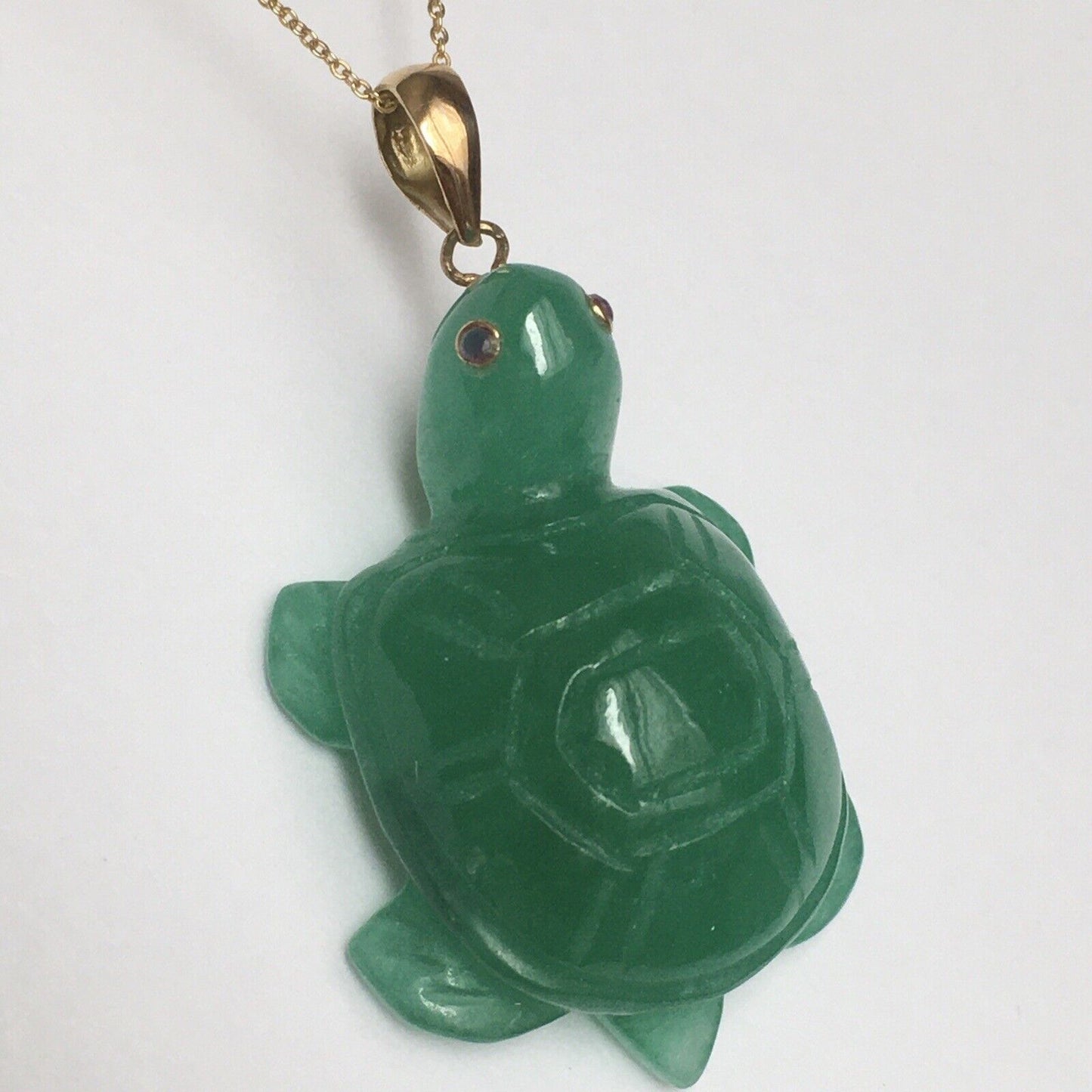 14k Solid Yellow Gold Natural Green Jade Turtle Pendant Ruby Eyes Hand Carved