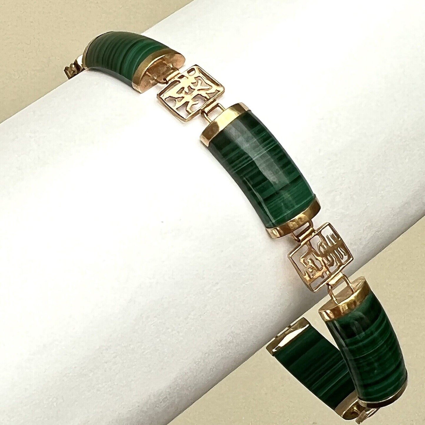 New 14k Solid Yellow Gold malachite Bamboo Bracelet 7.5” Lucky Money Safe