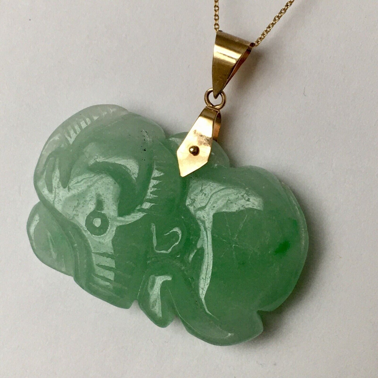 New 14k Solid Yellow Gold Green Jade Pendant Good Luck Hand Carved Year Of Ox