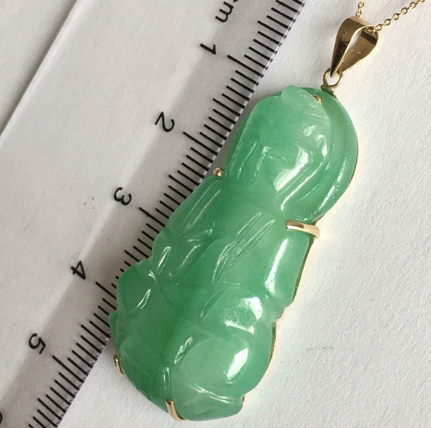 New 18k Solid Yellow Gold Natural Green Jade Pendant Lucky Guanyin Buddha 10.8g