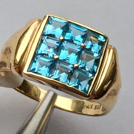 Q9620, New 14k Solid Yellow Gold Y/G Blue Topaz Ring, 10*10mm, SZ-7