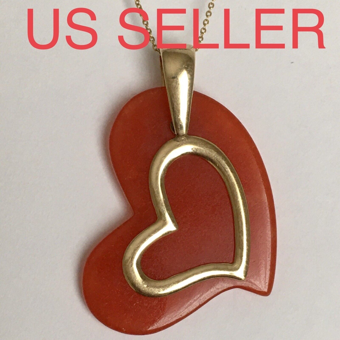 New 14k Solid Yellow Gold Natural Red Jade Love Heart Pendant Good Luck 4.0g