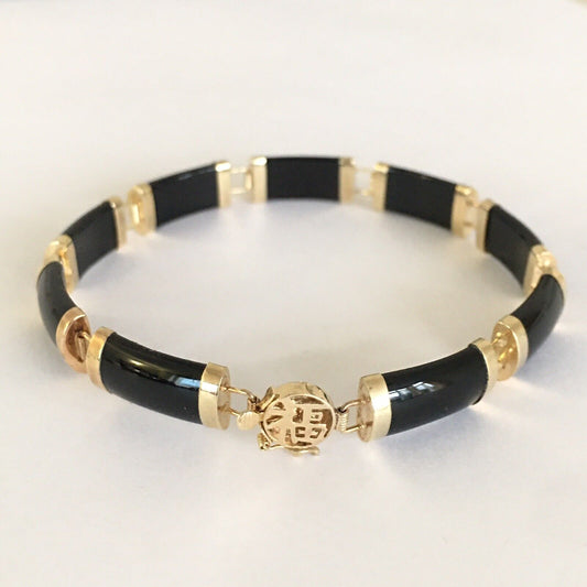 New 14k Solid Yellow Gold Black Onyx Bamboo Bracelet 7” Lucky Long Life