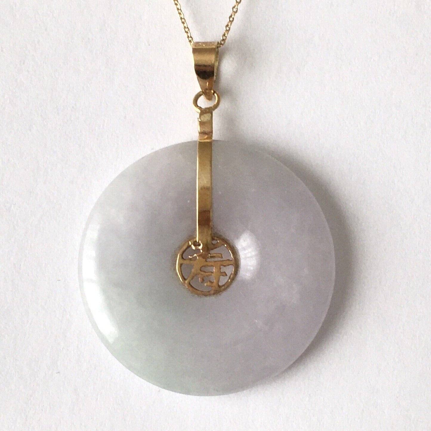 New 14k Solid Yellow Gold National Circle White Jade Pendant Luck Long Life 4.8g