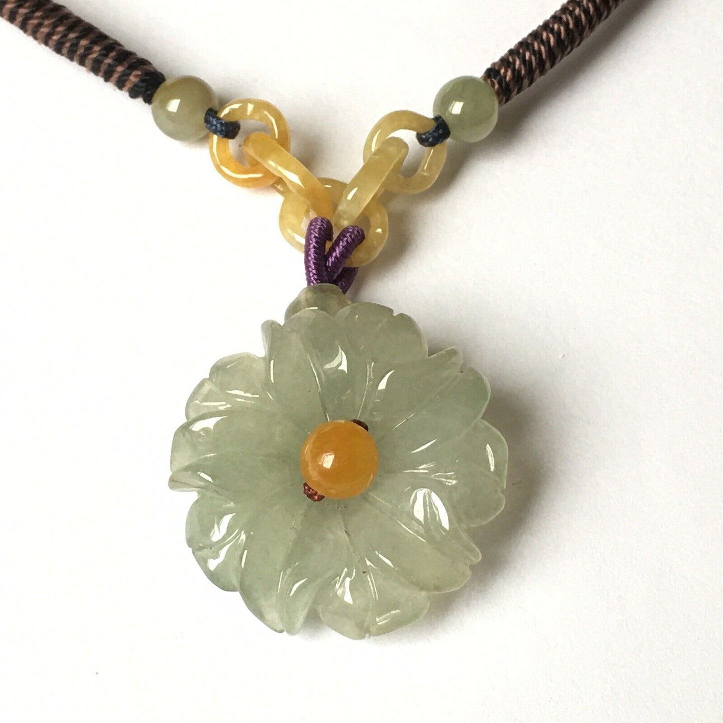 N-106 Macrame Handmade Genuine Carved Flower Jade Necklace adjustable 16~24”