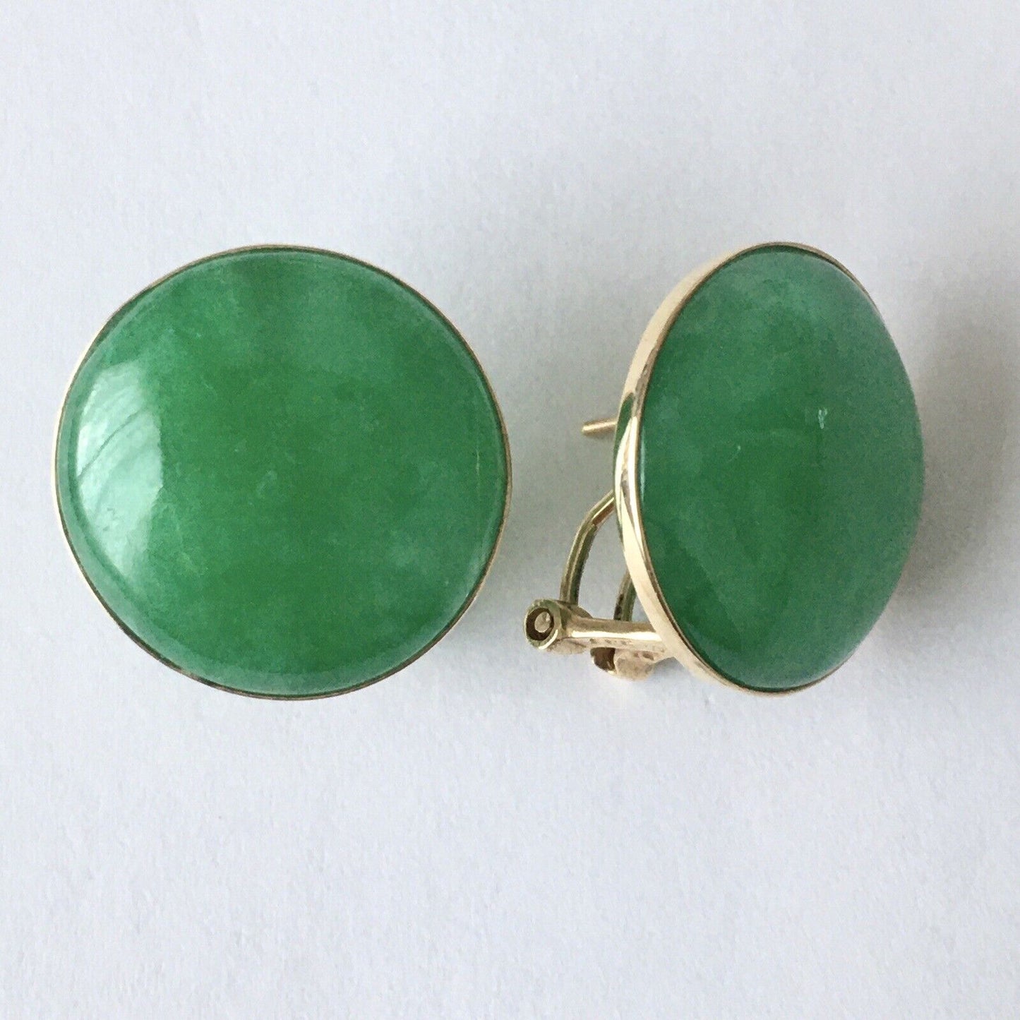 New 14k Solid Yellow Gold Natural Green Jade Earrings Good Luck 18mm French Clip