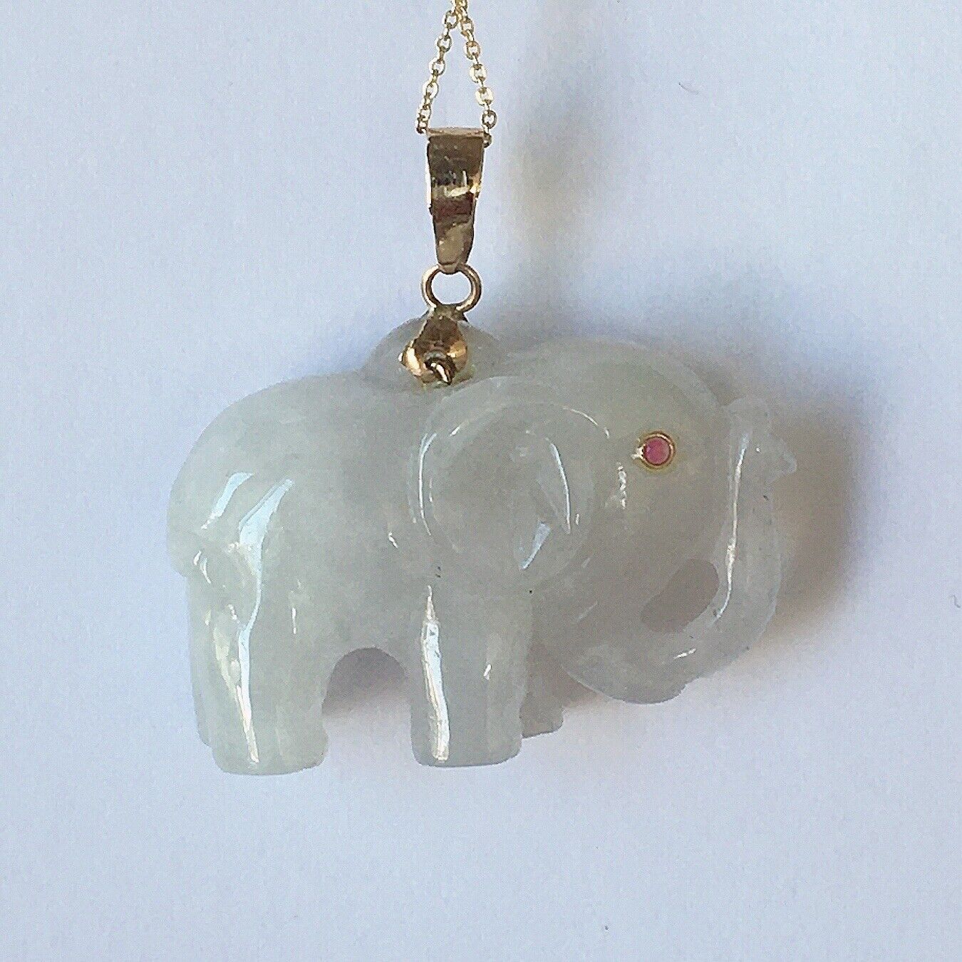 P-2850 New 14k Solid Yellow Gold Natural White Jade Elephant Pendant Ruby Eyes