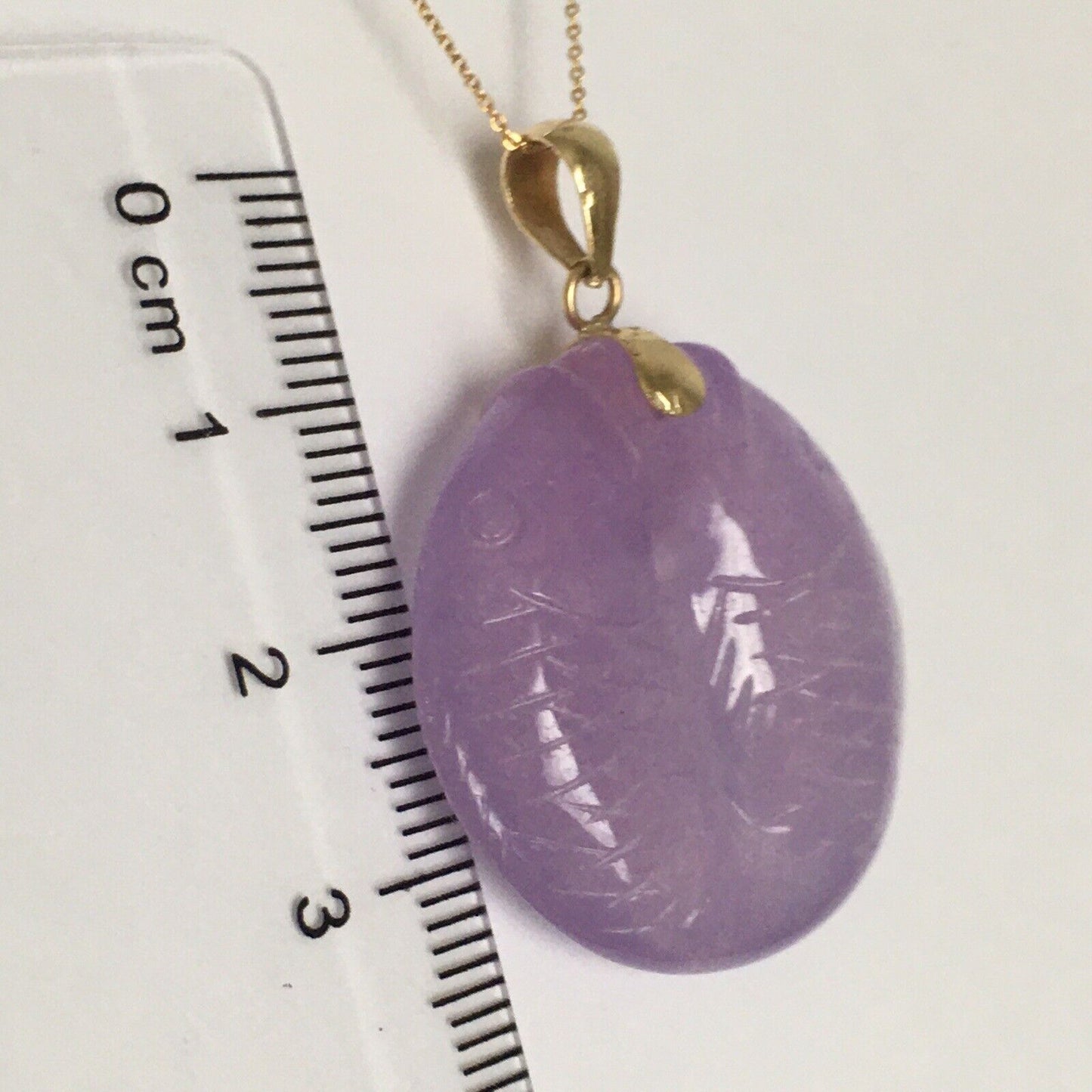 14k Solid Yellow Gold Natural Lavender Jade Pendant Double Side Hand Carved Fish