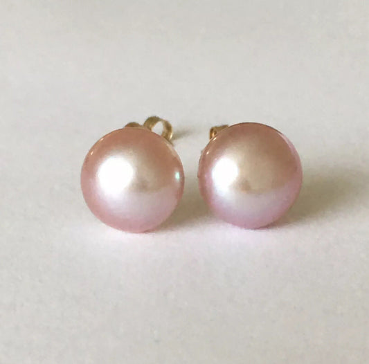 P-5208, New 14k Solid Yellow Gold Natural Pink Water Pearl Studs Earrings, 8.5mm