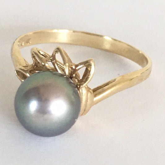 Q10112, New 14k Solid Yellow Gold Y/G Ring Natural Japanese Culture Pearl , SZ-7