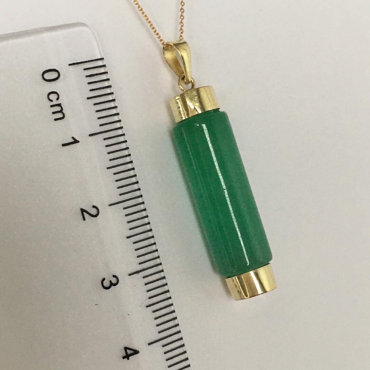 New 14k Solid Yellow Gold Quality Natural Green Jade Cylinder Pendant Good Luck