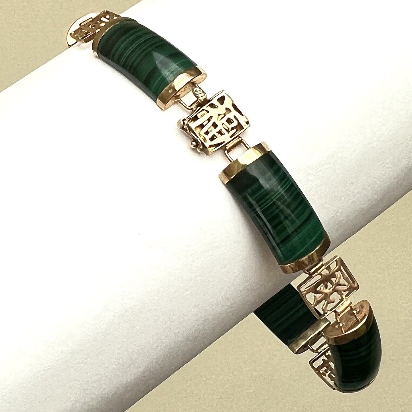 New 14k Solid Yellow Gold malachite Bamboo Bracelet 7.5” Lucky Money Safe