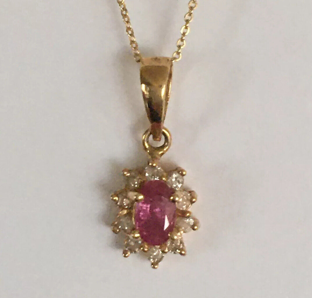 P-97170 New 14k Solid Yellow Gold Genuine Oval Ruby Pendant With Diamond