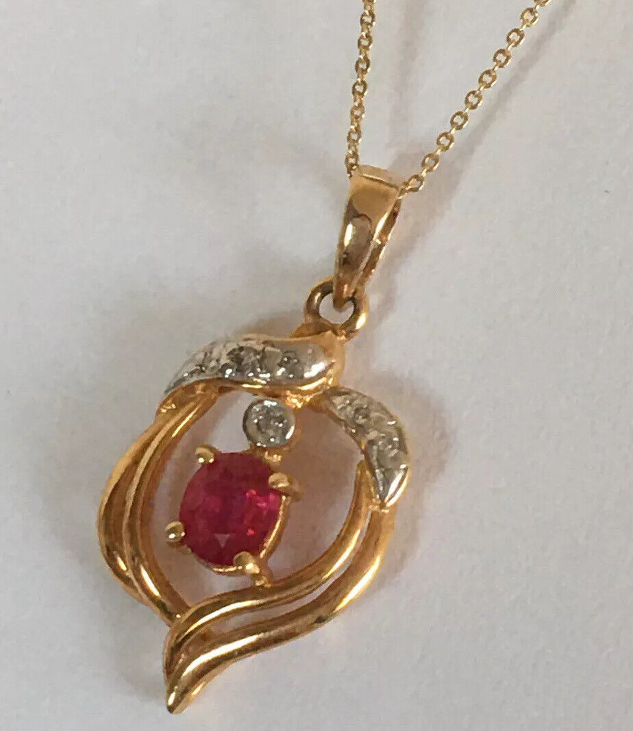 P-9786 New 14k Solid Yellow Gold Genuine Oval Ruby Pendant With Diamond