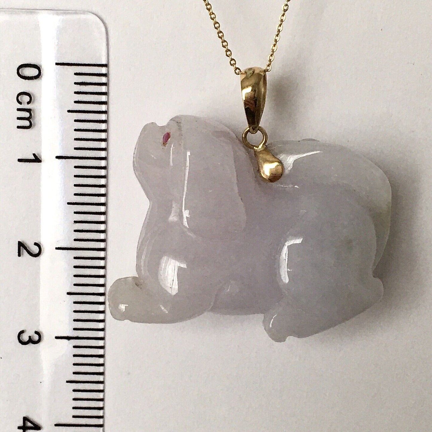 14k Solid Yellow Gold Natural Lavender Jade Pendant Ruby Eyes 3D Dog Carved