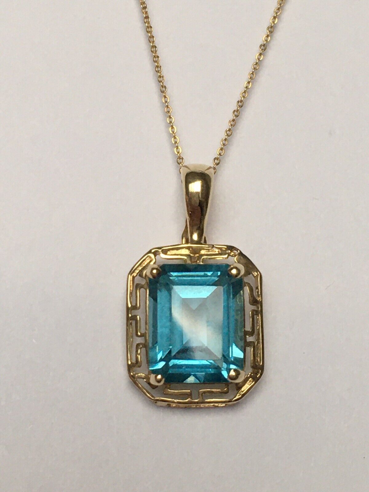 New 14k Solid yellow Gold Y/G Blue Topaz Pendant, 12*14mm, Emerald, P-067012.