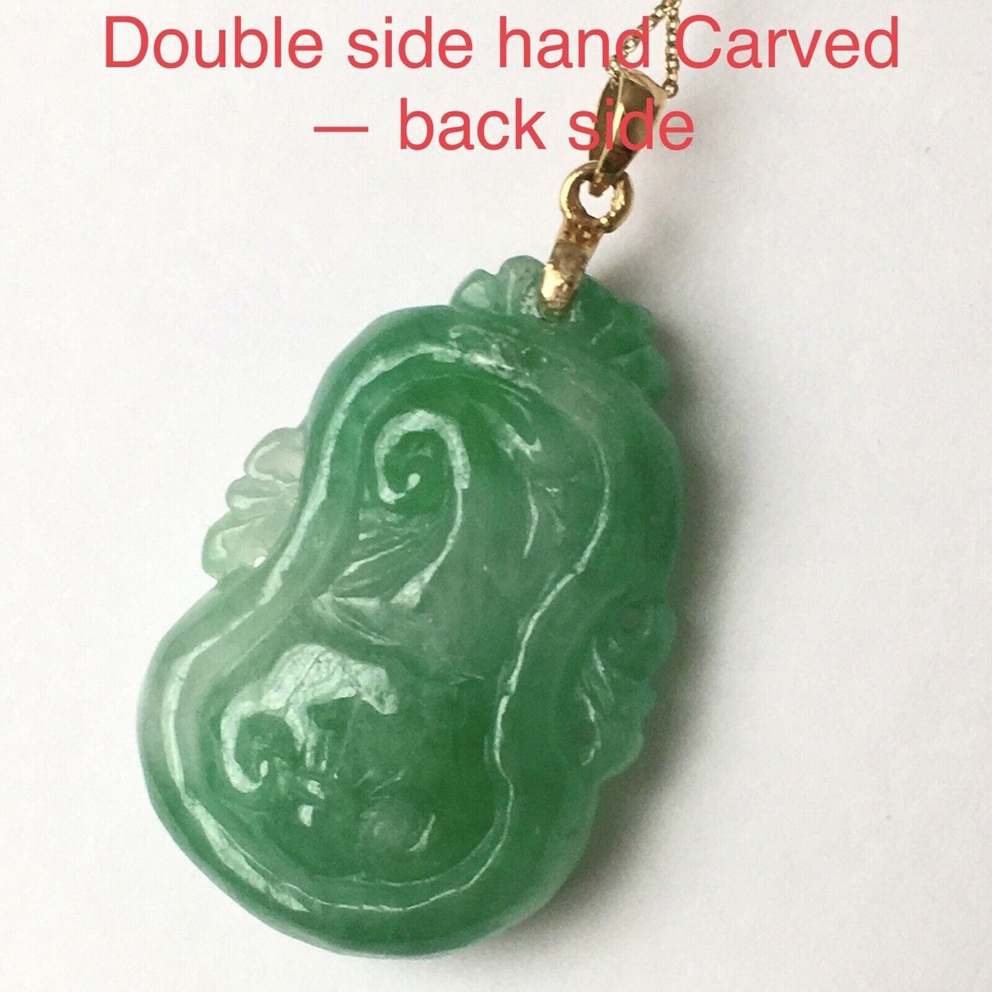 18k Solid Yellow Gold Green Jade Pendant Hand carved Good Luck Fish Gourd 7.7g