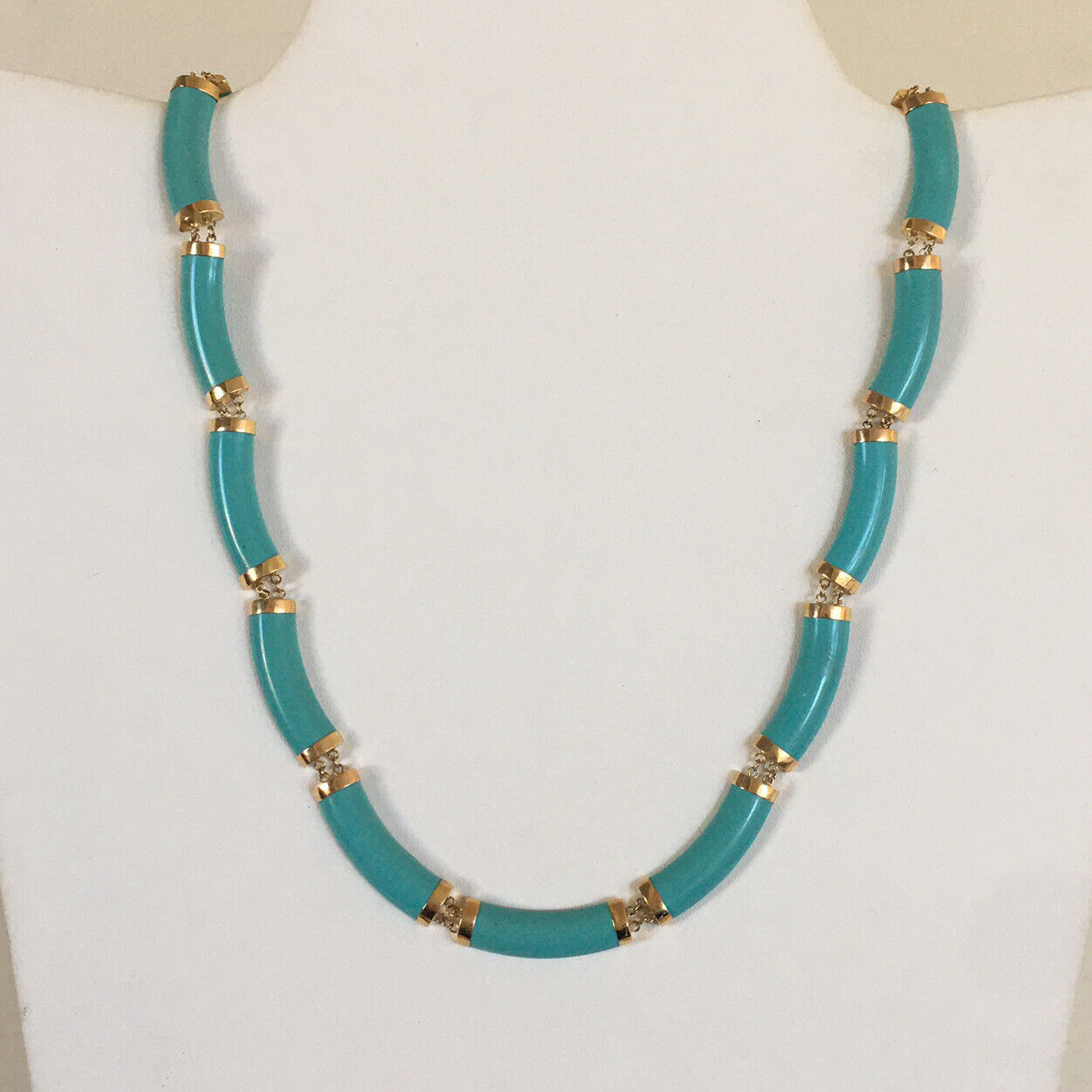 P-058560 New 14k Solid Yellow Gold Unique Turquoise Bamboo Necklace, “happiness” Clasp