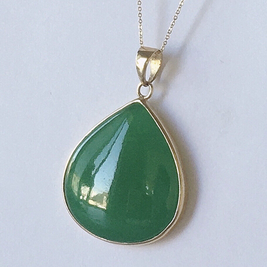 P-2380 New 14k Solid Yellow Gold Natural Quality Green Jade Pendant HandCut Pear