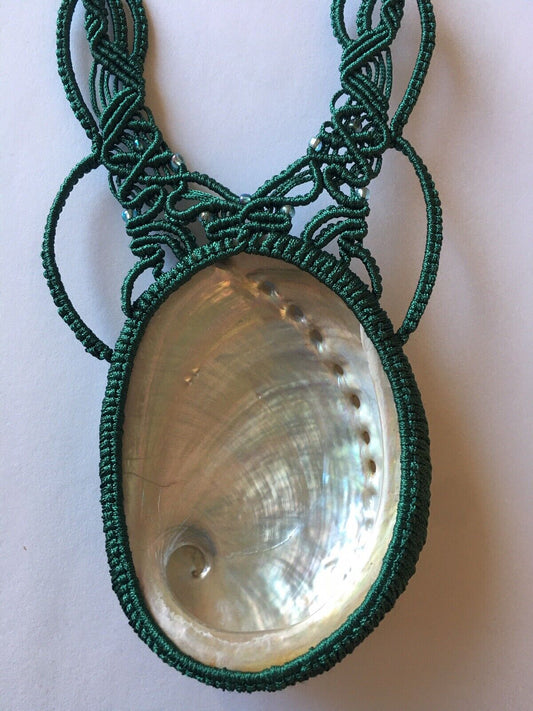 N21 Macrame Necklace Big Natural Abalone Shell Handmade adjustable length 16~32”