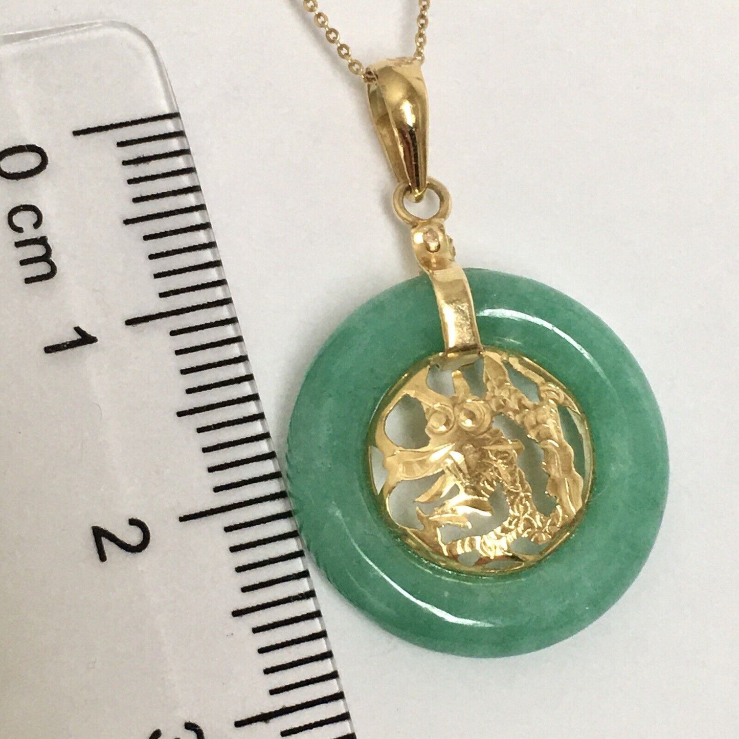 New 14k Solid Yellow Gold Circle Natural Green Jade Pendant Lucky Dragon 2.8g