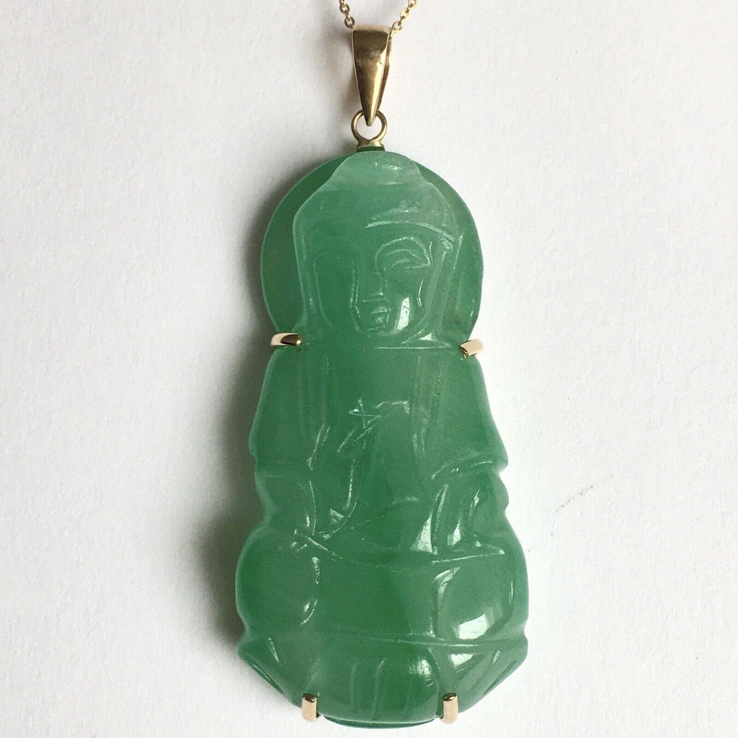 New 18k Solid Yellow Gold Natural Green Jade Pendant Lucky Guanyin Buddha 10.8g