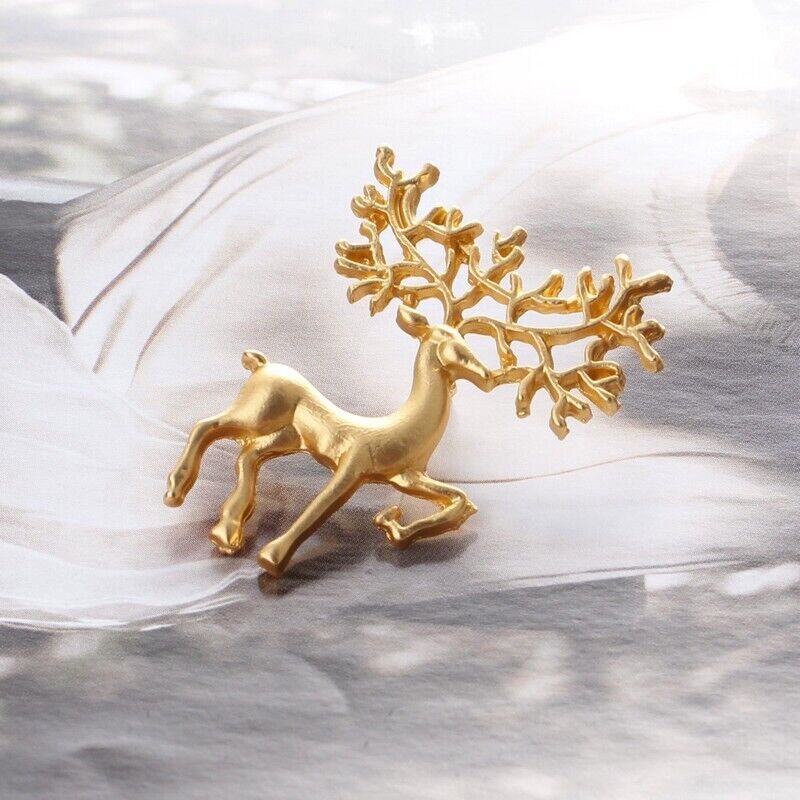 Gold Tone Matte Christmas Elk Deer Brooch Pin Fashion Jewelry