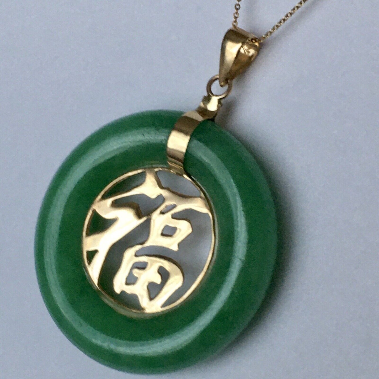 14k Solid Yellow Gold Big Circle Natural Green Jade Pendant Lucky Happiness 9.1g