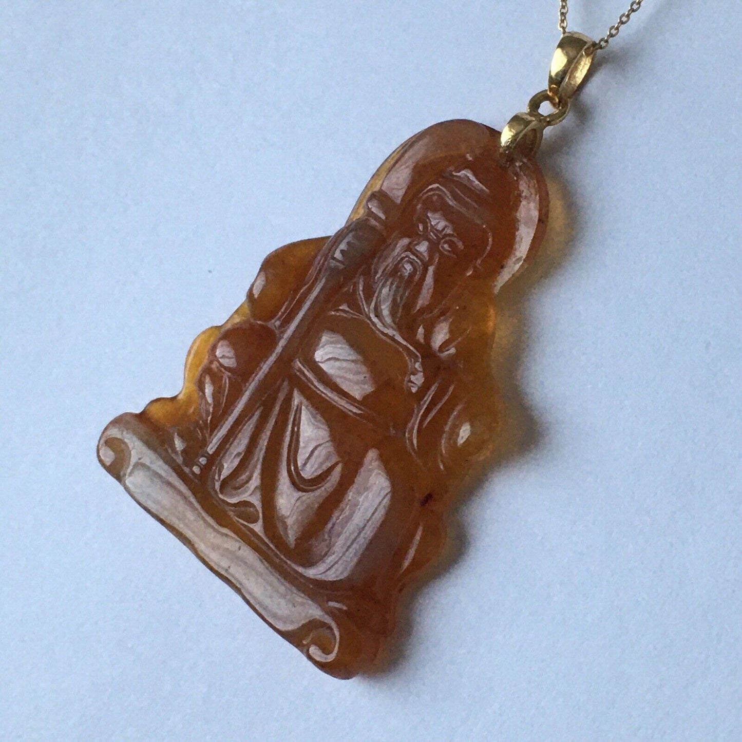 18k Solid Yellow Gold Natural Brown Jade Pendant Lucky Buddha 3.2g Hand Carved