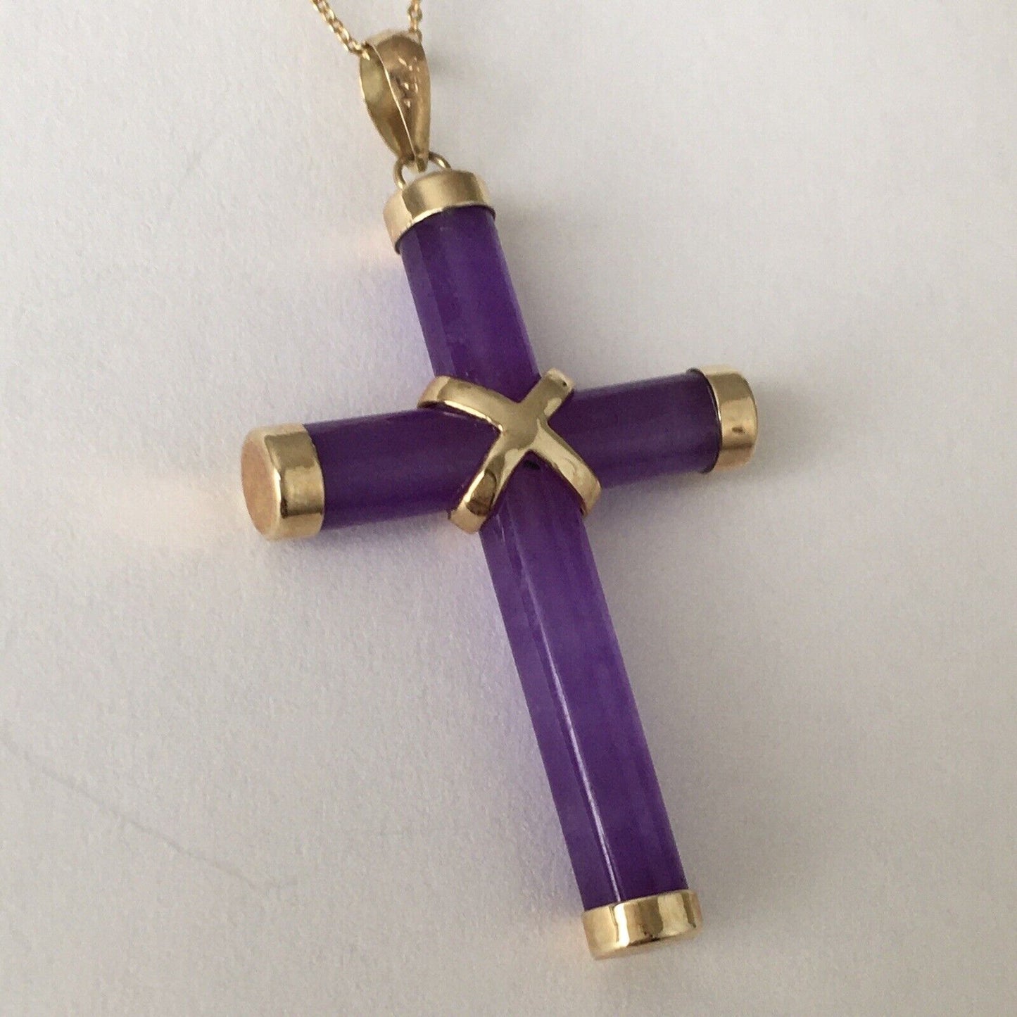 New 14k Solid Yellow Gold Purple Lavender Natural Jade Pendant Good Luck Cross