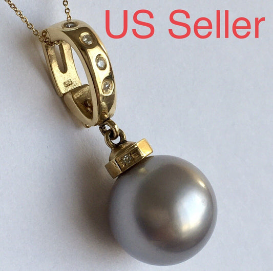 14k Real Yellow Gold Natural Gray South Sea Pearl Diamonds Pendant Perfect Round