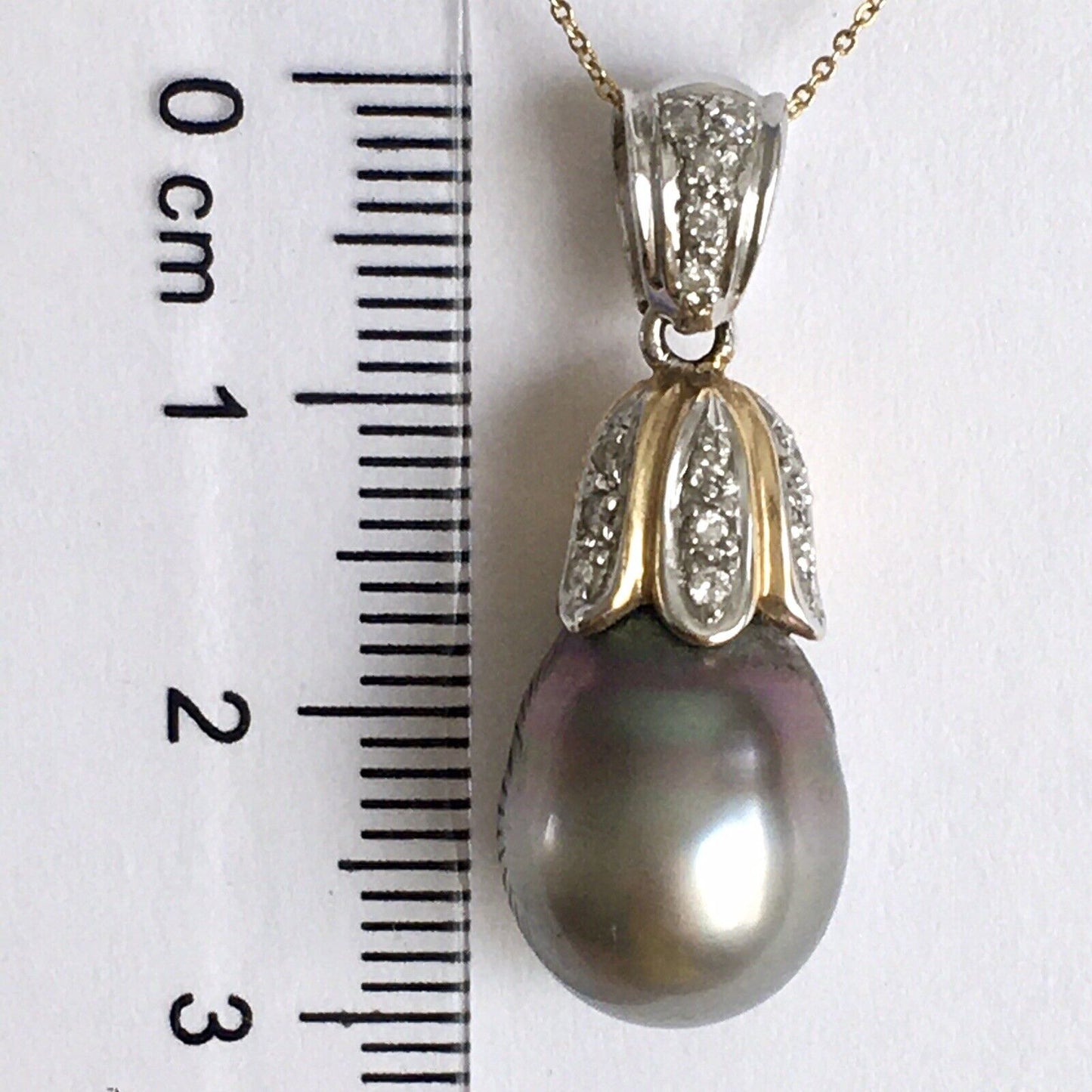 New 18k Solid Yellow Gold Y/G Natural Gray South Sea Pearl Diamonds Pendant