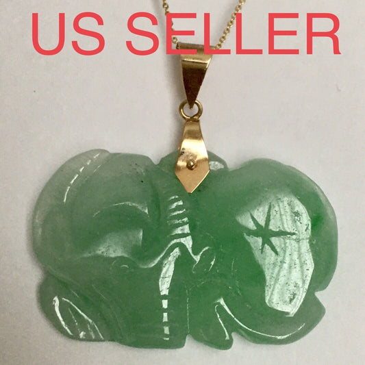 New 14k Solid Yellow Gold Green Jade Pendant Good Luck Hand Carved Year Of Ox