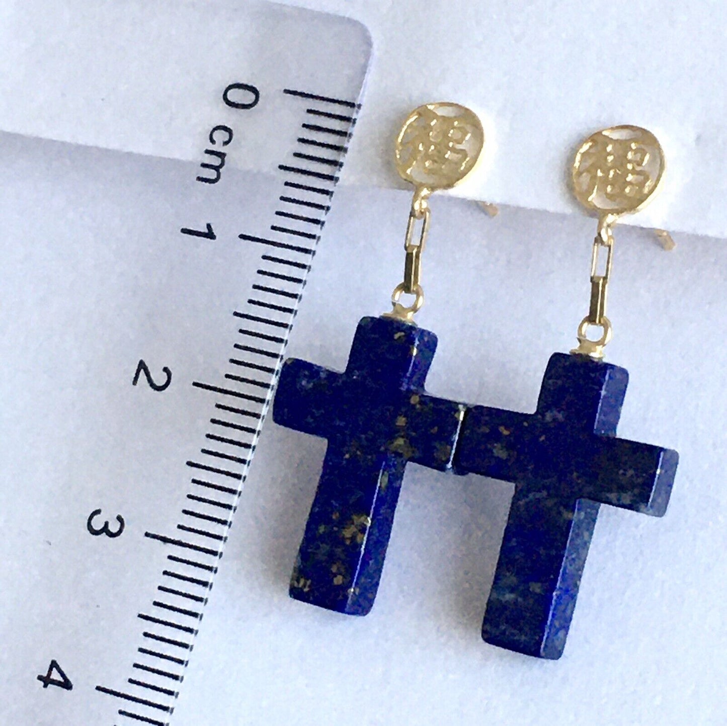 New 14k Solid Yellow Gold Y/G Cross Lapis Earrings, Studs, Dangling, Gemstones