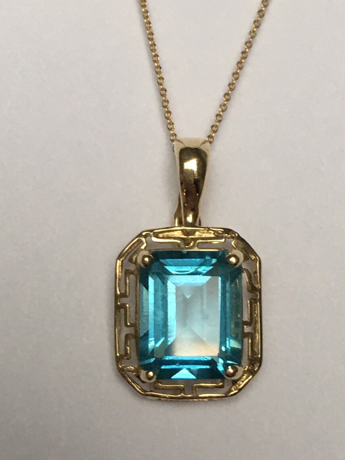 New 14k Solid yellow Gold Y/G Blue Topaz Pendant, 12*14mm, Emerald, P-067012.