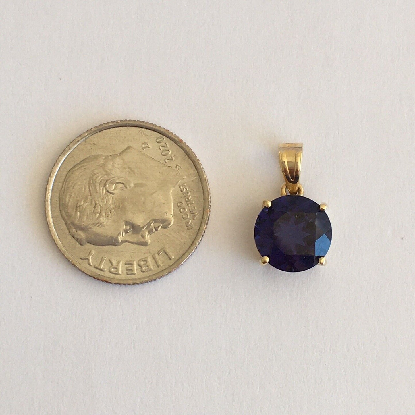 New 14k Solid Yellow Gold Y/G Round Iolite Pendant, 8*8mm, Sapphire Blue