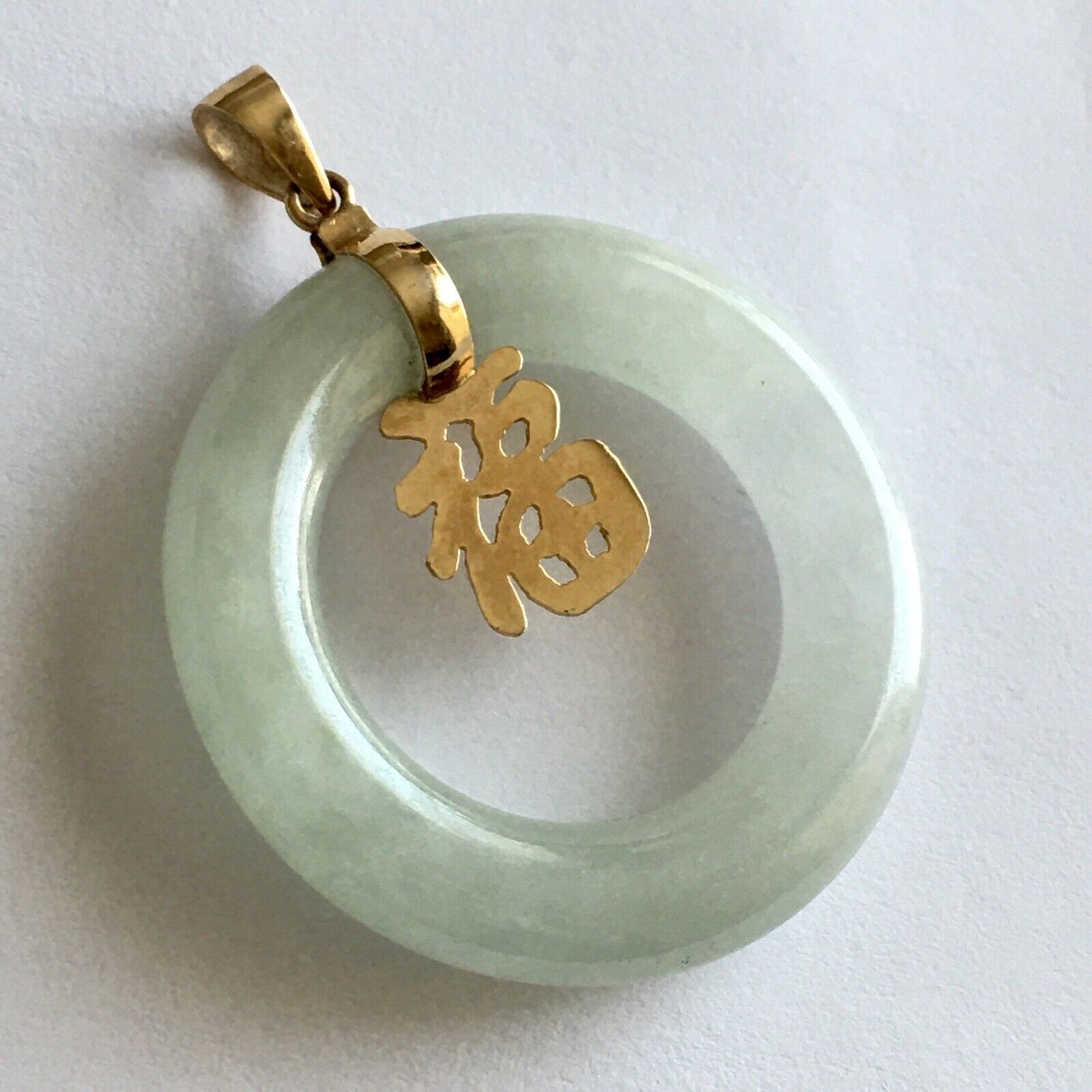 14k Real Yellow Gold Big Circle Natural Green Jade Pendant Lucky Happiness 10.8g