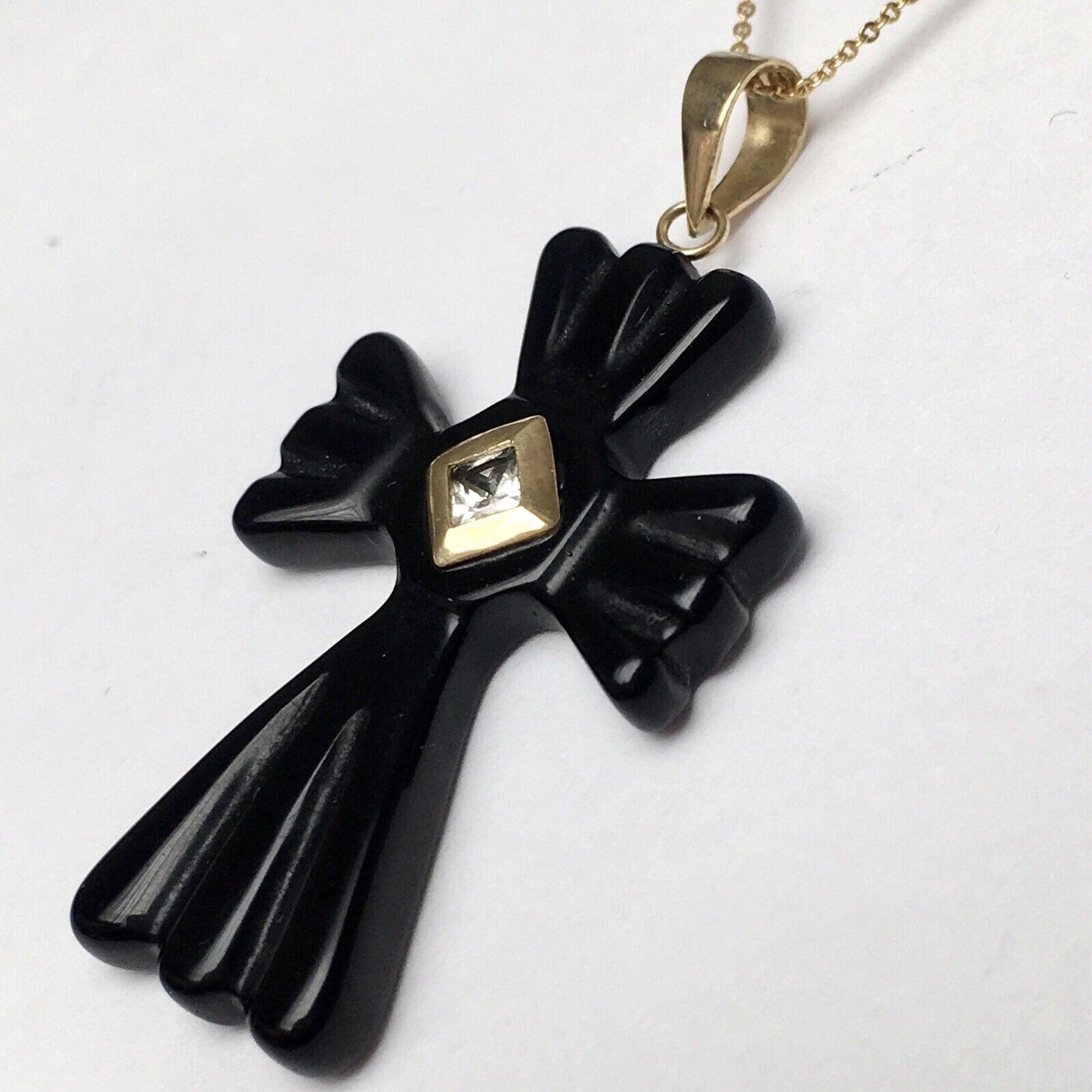 New 14k Real Solid Yellow Gold Black Onyx Diamond Pendant Good Luck Cross