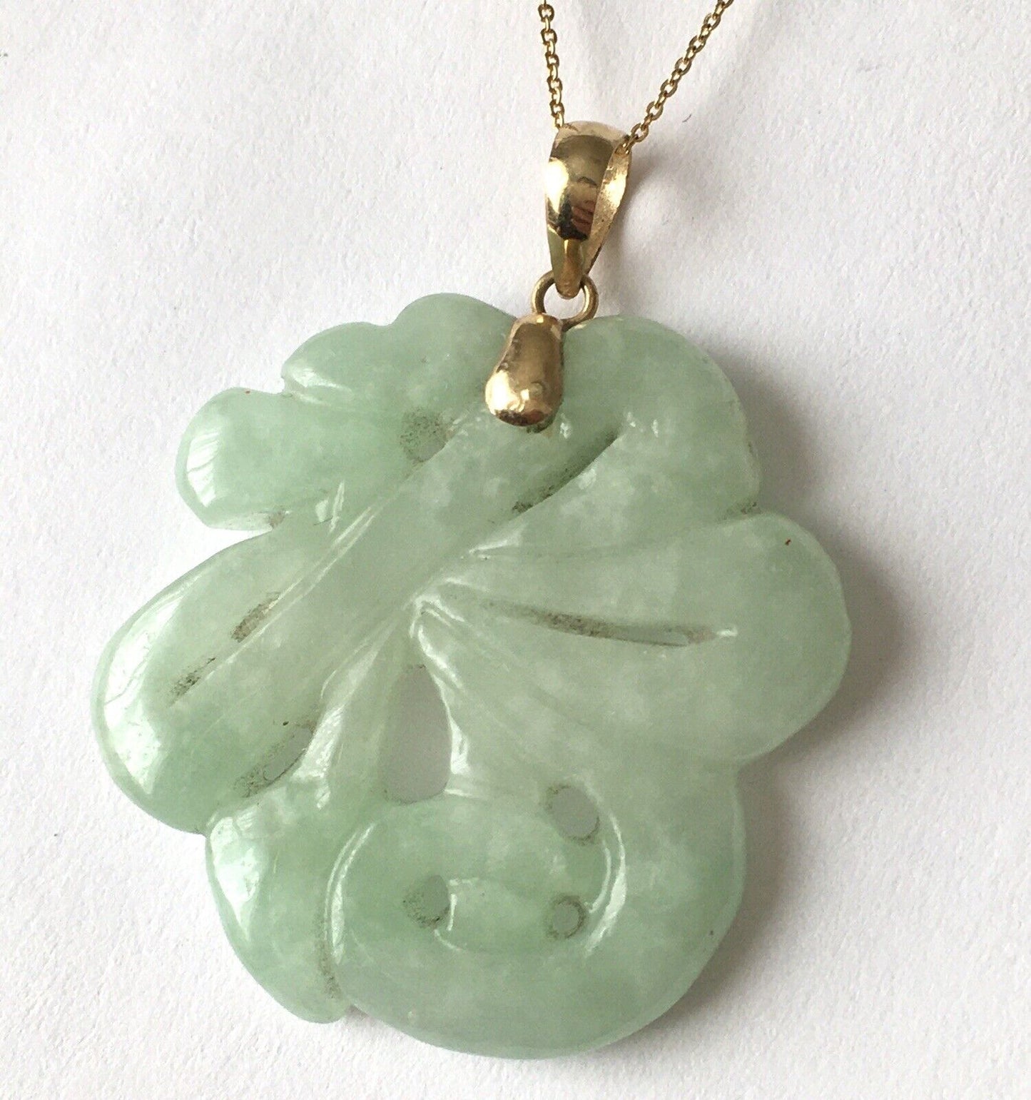 New 14k Solid Yellow Gold Green Jade Pendant “Happiness” Good Luck Hand Carved