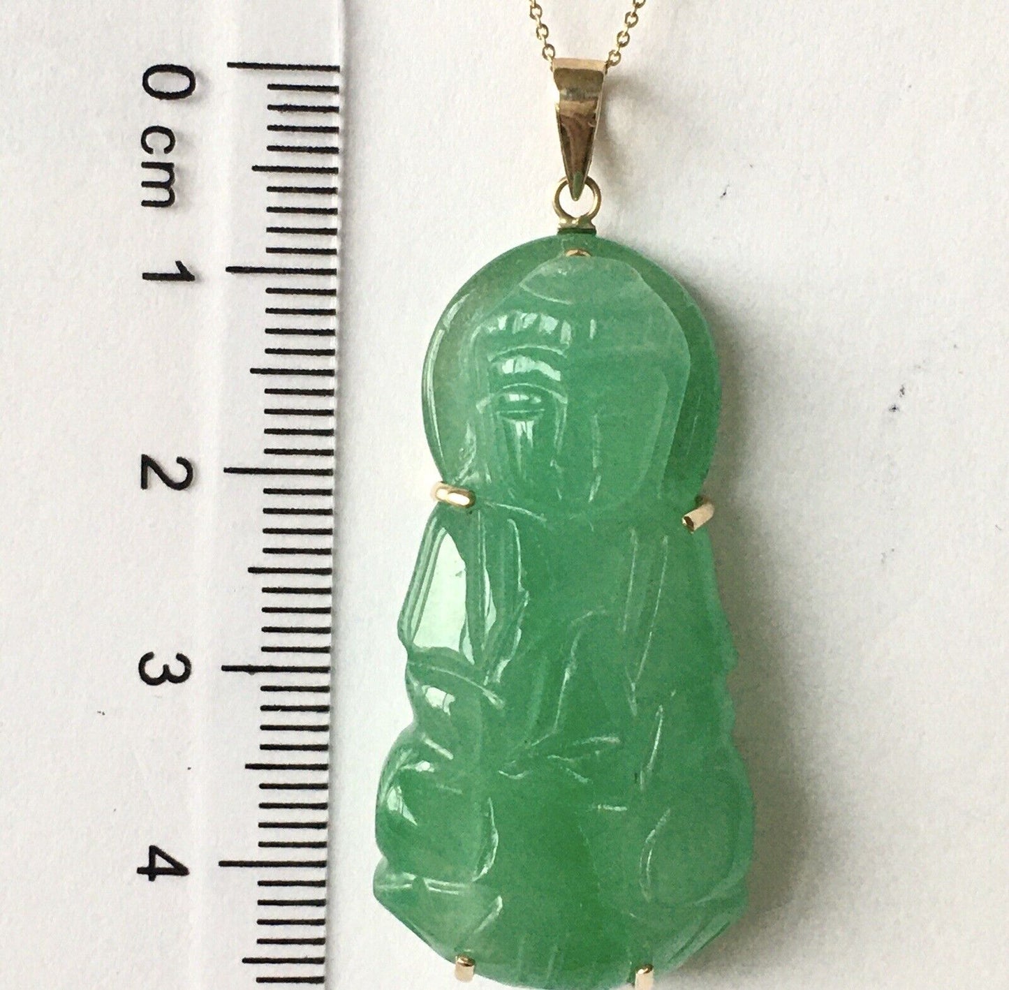 New 18k Solid Yellow Gold Natural Green Jade Pendant Lucky Guanyin Buddha 10.8g