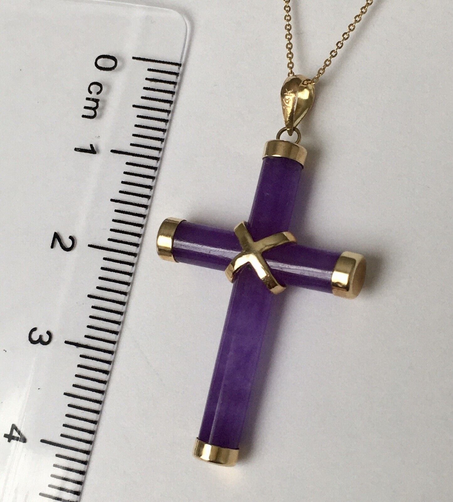 New 14k Solid Yellow Gold Purple Lavender Natural Jade Pendant Good Luck Cross